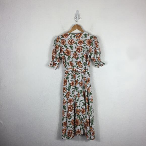 Happy X Nature Teagarden Floral Puff Sleeve Linen Wrap Midi Dress Small Coquette - Picture 12 of 13